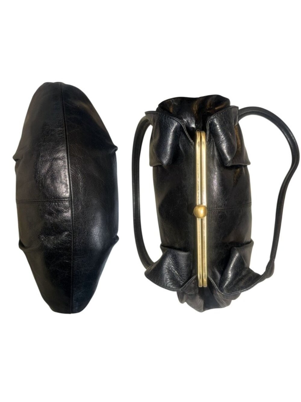 VTG HOBO Blanche Bag Black Glazed Nappa Leather Fortune Cookie Frame Satchel Y2K - Picture 7 of 10